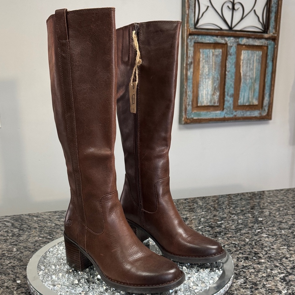 Born Rich Brown Leather block heels tall boots NEW 6.5 - Picture 10 of 16
